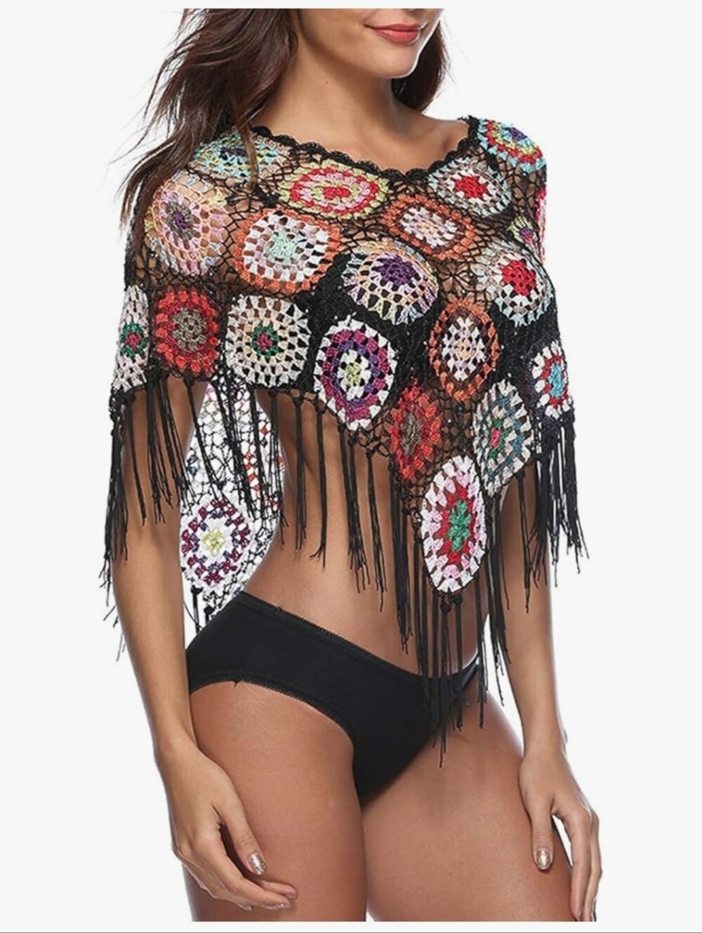 Boho Crochet Fringe Swim Cover-Up in Black with Multicolor Motifs - Picture 3 of 5